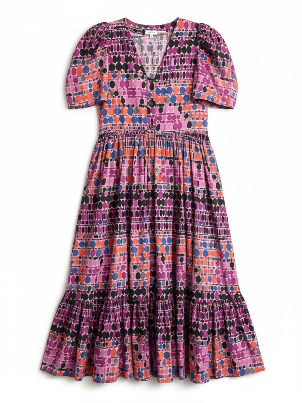 RHODE Tiered Midi Dress Womens XS Pink Multi Geometric Dot Puff Sleeve